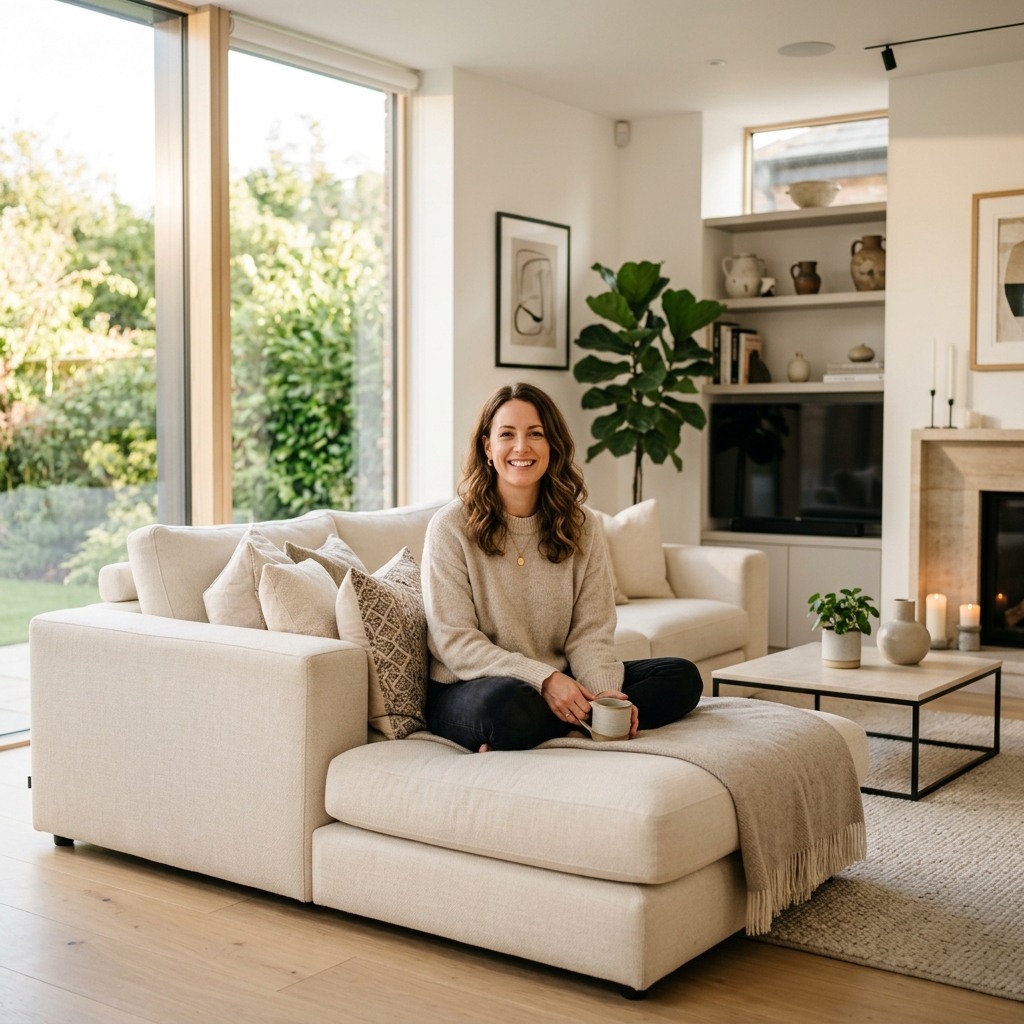 Propriétaire heureuse dans son salon
